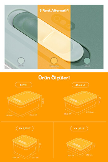 Vienev Adjustable Vegetable and Fruit Storage Container with 10 Air Ducts 4X(1.15 Lt) 2X(2.35-3.8-5 Lt) Orange