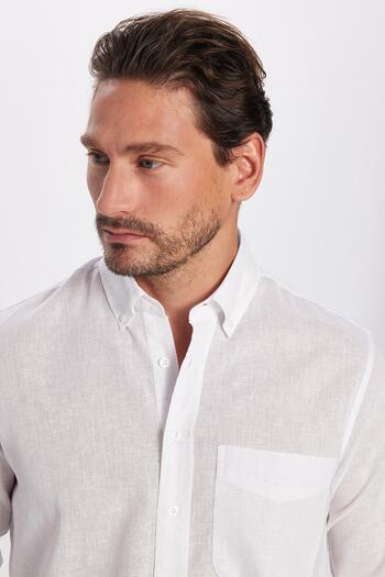 Tudors Men's Regular Fit Classic Cut Cotton Linen Texture Button Collar White Shirt