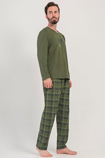 VİENETTA Men's Long Sleeve Green Pajamas Set C4T1N5O804