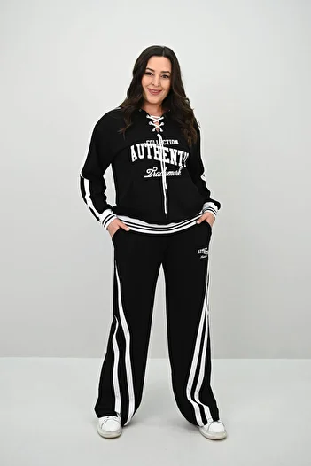 Koza Butik Дамски спортен костюм с широки крачоли и връзки, размер plus size, 8164-25