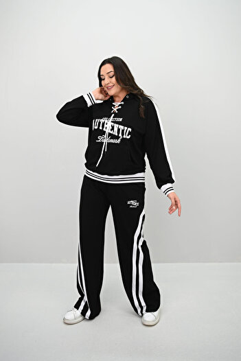 Koza Butik Дамски спортен костюм с широки крачоли и връзки, размер plus size, 8164-25