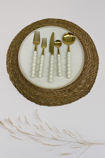 BEYZANA 6 Pcs White Plastic Pearl Stone Detailed Gold Tablespoon Set |   6 Piece Luxury Dinner Spoon Set