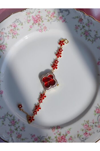 Reorah Collection Red Velvet Saat - Kırmızı Çiçekli Zirkon Taşlı Saat
