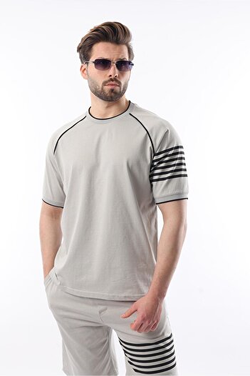 Madmext Painted Gray Printed Raglan Sleeve Men's Shorts T-Shirt Set E7306
