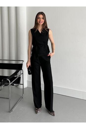 Laluvia Black Double Breasted Collar Vest Trousers Set - 8496