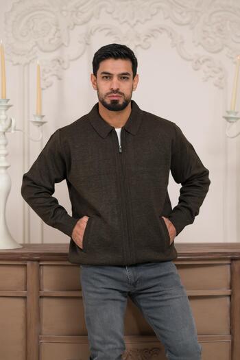 Woolen World Classic Cut Lined Steel Knit Cardigan with Polo Neck Zipper Closure