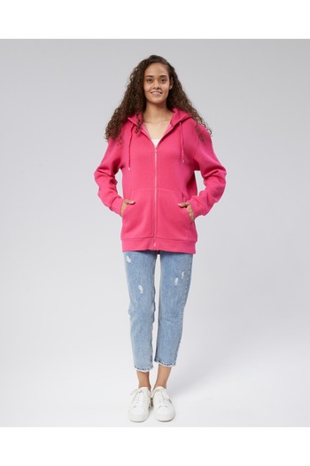 Klein-OFF Mooncover Hooded Kangaroo Pocket Zippered Sweatshirt – Pink