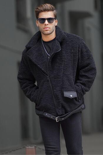 Madmext Black Plush Biker Men's Jacket 6849
