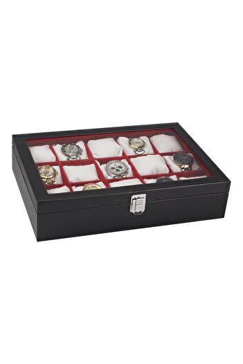 Chavin 15Pcs Black Leather Luxury Series Wooden Glass Watch Box St15-49