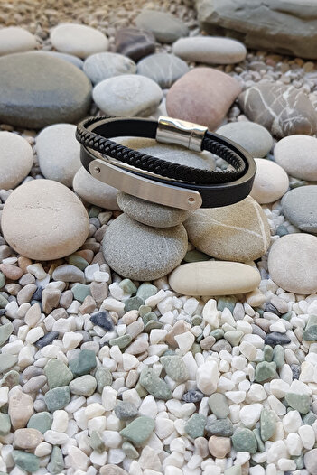 Chavin Black Leather Wrap Gray Steel Men's Bracelet Ec70By