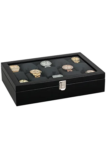 Chavin 15-Piece Black Watch Box Leather Covered over Wood Mk006