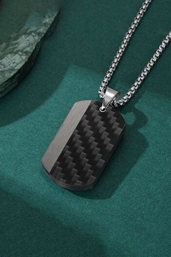 Chavin Karbon Fiber Siyah Dogtag Asker Künyesi Çelik Erkek Kolye eu50