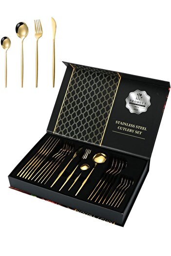 Chavin 410 Steel 24 Piece Gold Dinner Spoon Fork Knife Set Cin518sr