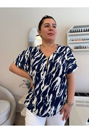 garajmood Blue Patterned Plus Size Blouse with Zipper and Sleeves Slit