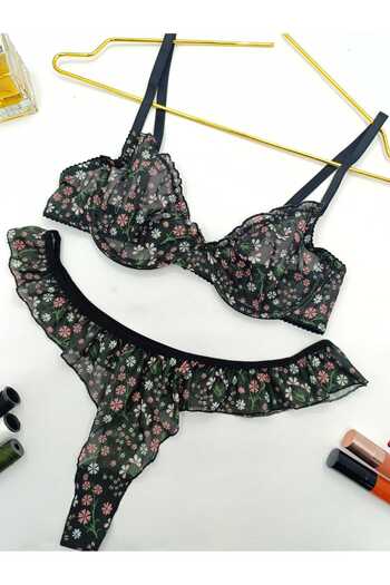 La Linaa Jasmin Black Floral Print Thong Panty Bra Set