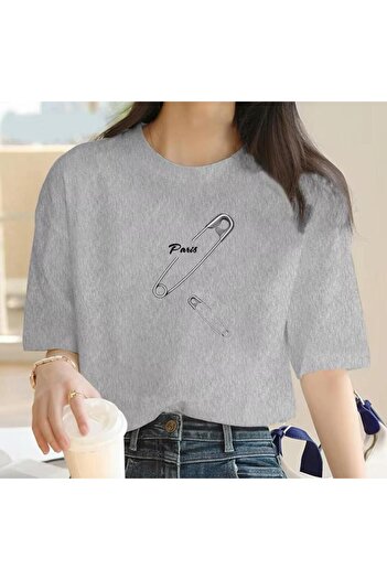 caddekombin Çengelli İğne Baskılı Kadın Pamuk Penye Bisiklet Yaka Gri T-shirt