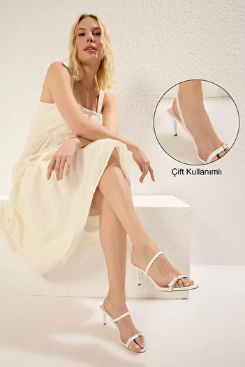 TRENDYOL SHOES Weiße Damen-Sandalen mit Schnalle und doppeltem Verwendungszweck, dünner Absatz, Mandelzehe, Damen-Sandalen mit Absatz TAKSS25TO00010