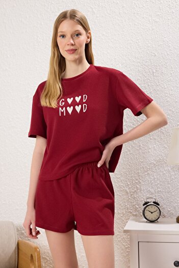 Trendyol Collection Waffle Print Red Shorts Pajamas Set - Thmss25Pt00352