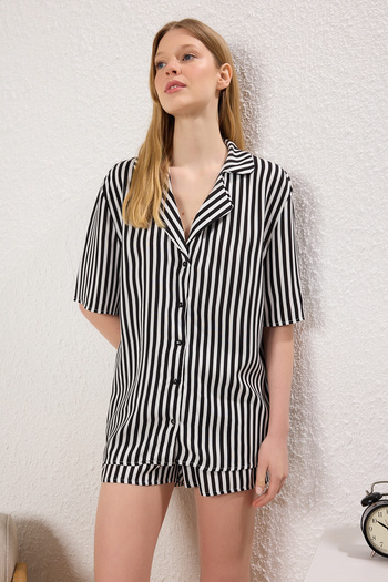 Trendyol Collection Black Striped Viscose Top Wide Fit Shorts Woven Pajamas Set Thmss21Pt0179