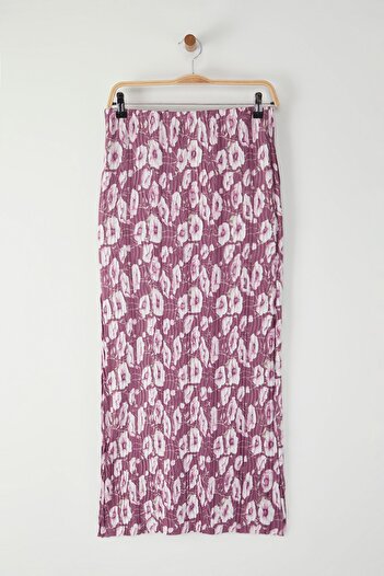 Trendyol Collection Dusty Rose Floral Print - Waist Pleated Maxi Knitted Skirt Twoss24Et00055