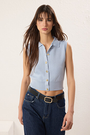 Trendyol Collection Ανοιχτό μπλε γιακά Polo Premium νήμα / Πλεκτό με ειδικό νήμα Λεπτή μπλούζα TWOSS25BZ00368