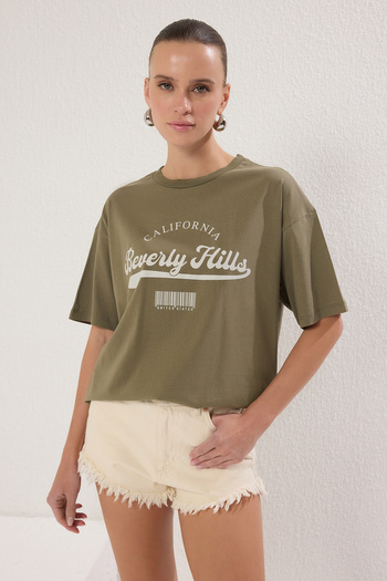 Trendyol Collection Khaki Thick Cotton Oversize/Wide Fit Printed Knitted T-Shirt Twoss25Ts00121