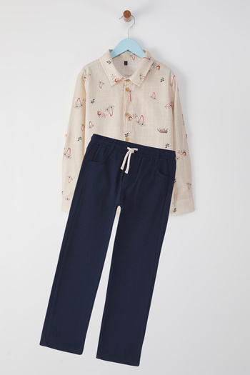 TRENDYOLKIDS Ecru Plain Woven Bottom-Top Suit Tkdss25Au00043