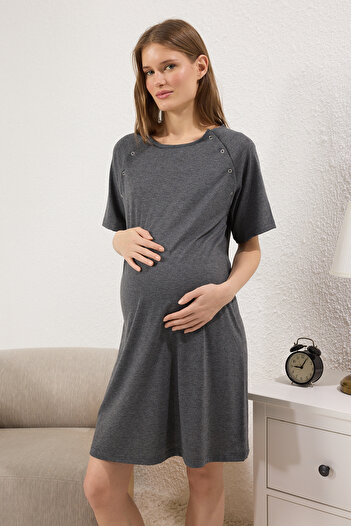 Trendyol Curve Anthracite Breastfeeding Knitted Maternity & Maternity Nightgown Tbbss25Ch00016