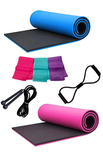 PLUSSPORT Full Pilates Set 2Pcs 10 mm Yoga Mat Cushion 3-Resistance Bands Jumper Rope Octagonal Resistance Elastic