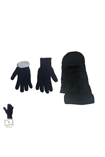 Motiva Autumn Winter Knitwear Knit Black Gloves and Beanie Full Snow Mask 2 in 1 Set