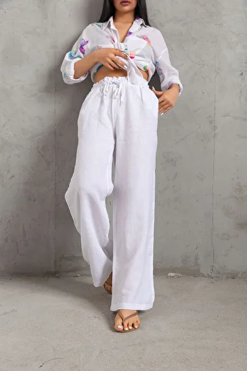 Maule 100% Linen Wide Leg Loose Fitting Lace up Elastic Women's Trousers @Leon