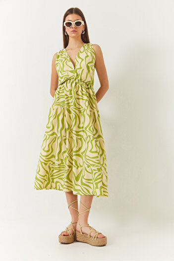 Bianco Lucci Women's Double Breasted Neckline Elastic Waist Back Rope Tie Print Dress 60261428