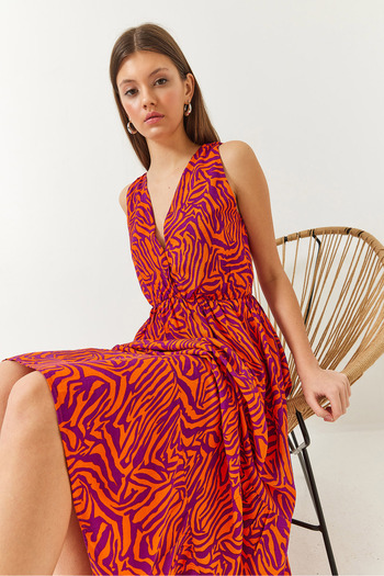 Bianco Lucci Women's Double Breasted Neckline Elastic Waist Back Rope Tie Print Dress 60261428