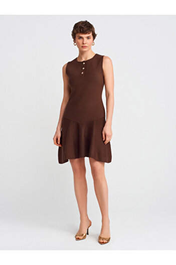 Dilvin Crew Neck Buttoned Flounce Knitwear Dress Brown M. 90244