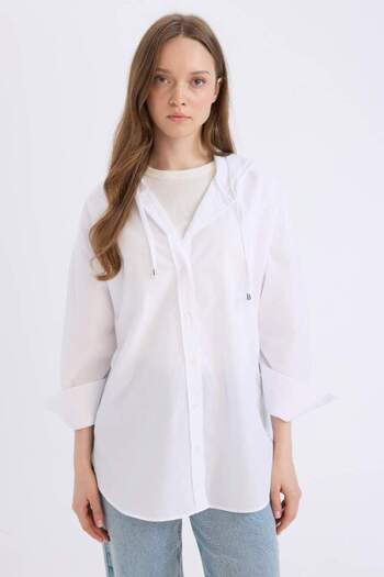 DeFacto Relax Fit Basic Basic Plain Popeline Langarm-Hemd-Tunika mit Kapuze in Weiß E1262AX25SP