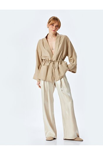 Koton High Waist Palazzo Satin Trousers with Pockets and Pleat Detail