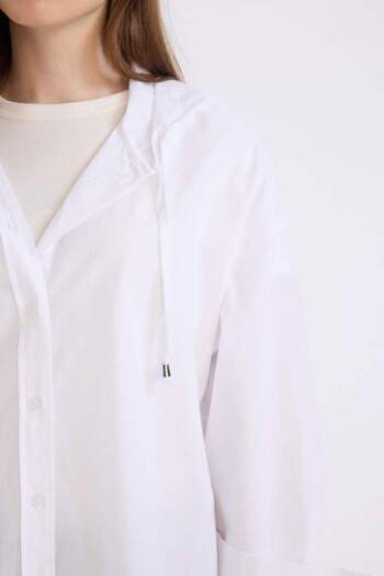 DeFacto Relax Fit Hooded Basic Plain Poplin Μακρυμάνικο Λευκό Μουσουλμανικό πουκάμισο E1262AX25SP