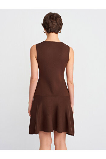 Dilvin Crew Neck Buttoned Flounce Knitwear Dress Brown M. 90244