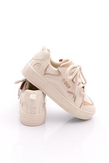 DGN Kadın Kalın Rahat Taban Bağcıklı Günlük Spor Ayakkabı Sneaker Gold Altın