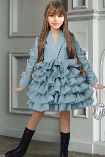 Riccotarz Girl's V Neck Cut Sleeves Ribbon Detailed Fold Fabric Puffy Savoy Blue Evening Dress