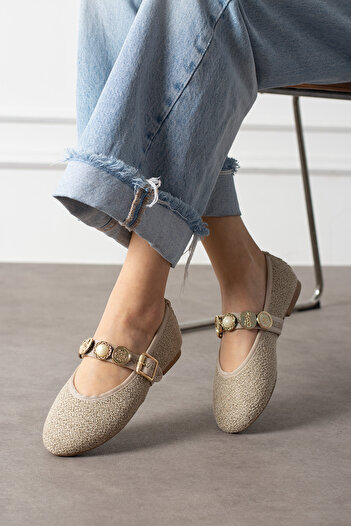 NOVİNS Women's Buckle Detailed Comfortable Linen Fabric Stylish Daily Ballerina Shoes