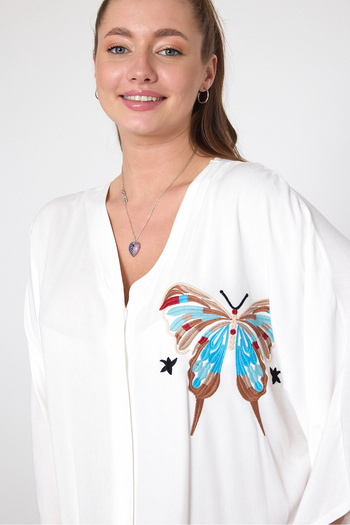 Denismoda Women's V Neck Butterfly Embroidery Detail Buttoned Plus Size Shirt Dress