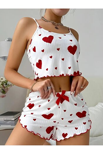 BELLA NOTTE Pamuklu  İp Askılı Kalp Desenli Pijama Takımı