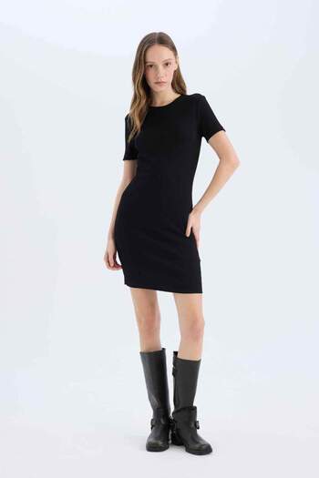 DeFacto Ribbed Bodycon Mini Dress - Crew Neck, Short Sleeve E7231Ax25Sp