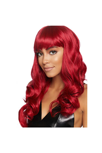 Skygo Red Color Wavy Long Party Wig with Bangs