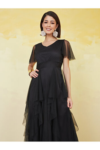 U&F By Styli Mesh Insert Frill Sleeve V-Neck Maxi Dress