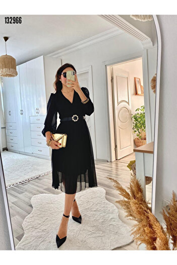 VELİZADE Astarlı Kruvaze Yaka Midi Boy Kloş Çan Model Beli Kuşaklı Tül Kol Şifon Elbise Abiye Nişan Elbisesi