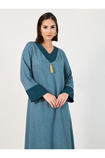 Styli Contrast Cuff Jalabiya with Tassel Detail