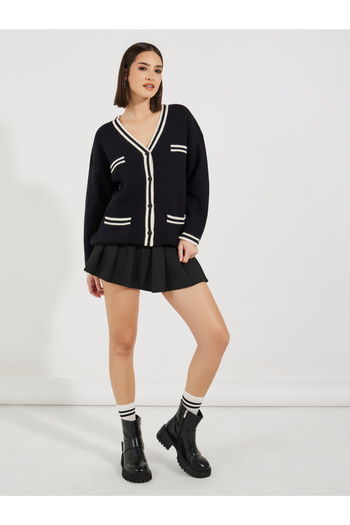 Styli Regular Fit Longline Cardigan with Contrast Detailing