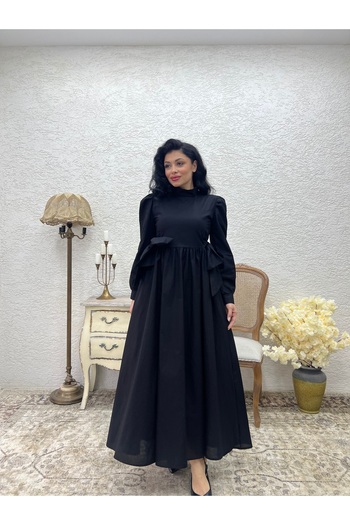 KÜÇÜĞÜM BUTİK Hijab Black Bow Long Poplin Flared Dress